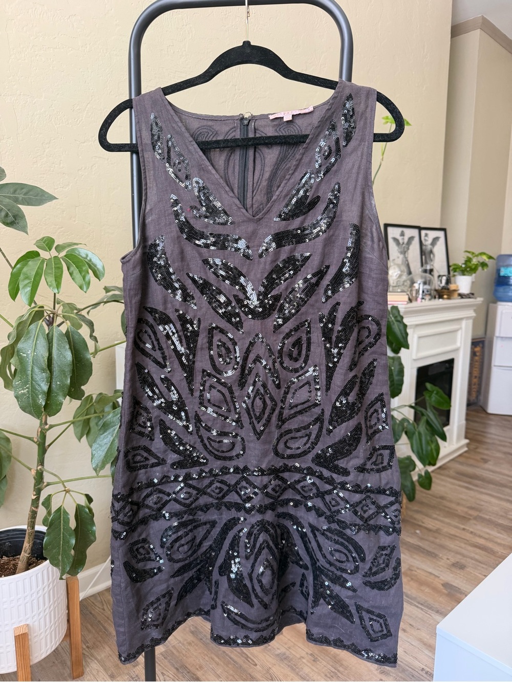 100% Linen Calypso St. Barth Gray Sleeveless Sequin-Embellished Mini Dress
